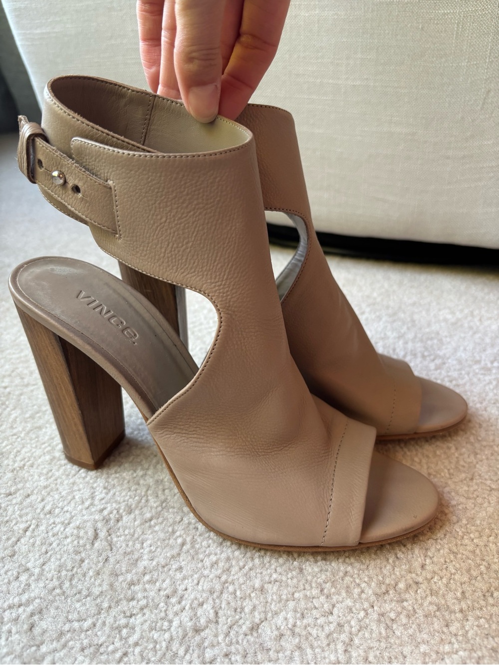 Vince Beige Leather Open-Toe Block Heel Sandals
